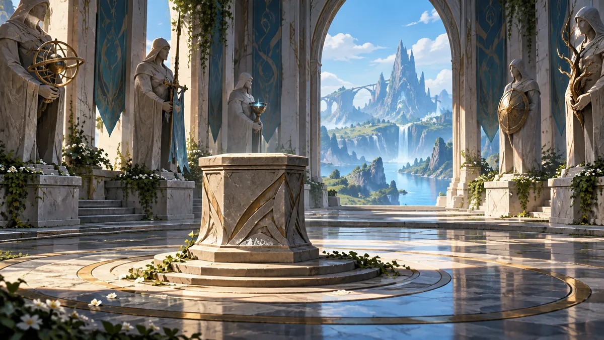 Illustration conceptuelle d'un piédestal vide dans une salle fantastique; ce n'est pas une capture de Guild Wars.