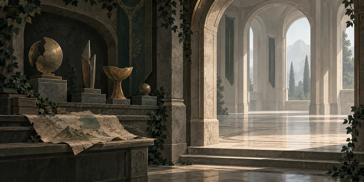 Illustration conceptuelle opposant une ancienne galerie de trophées à une nouvelle salle vide; ce n'est pas un écran de transfert.