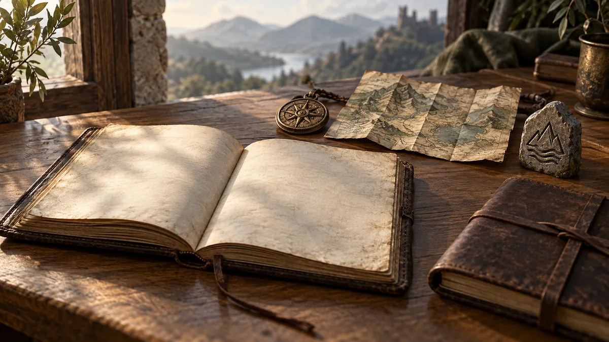 Illustration conceptuelle d'un carnet et de souvenirs; ce n'est ni un menu de compte ni un écran de transfert Guild Wars.