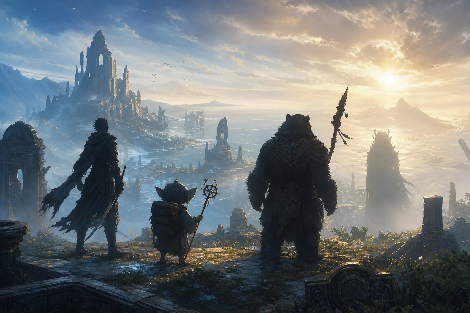 Editorial concept showing three named Guild Wars 3 species and a fourth species hidden by mist over ancient Orr