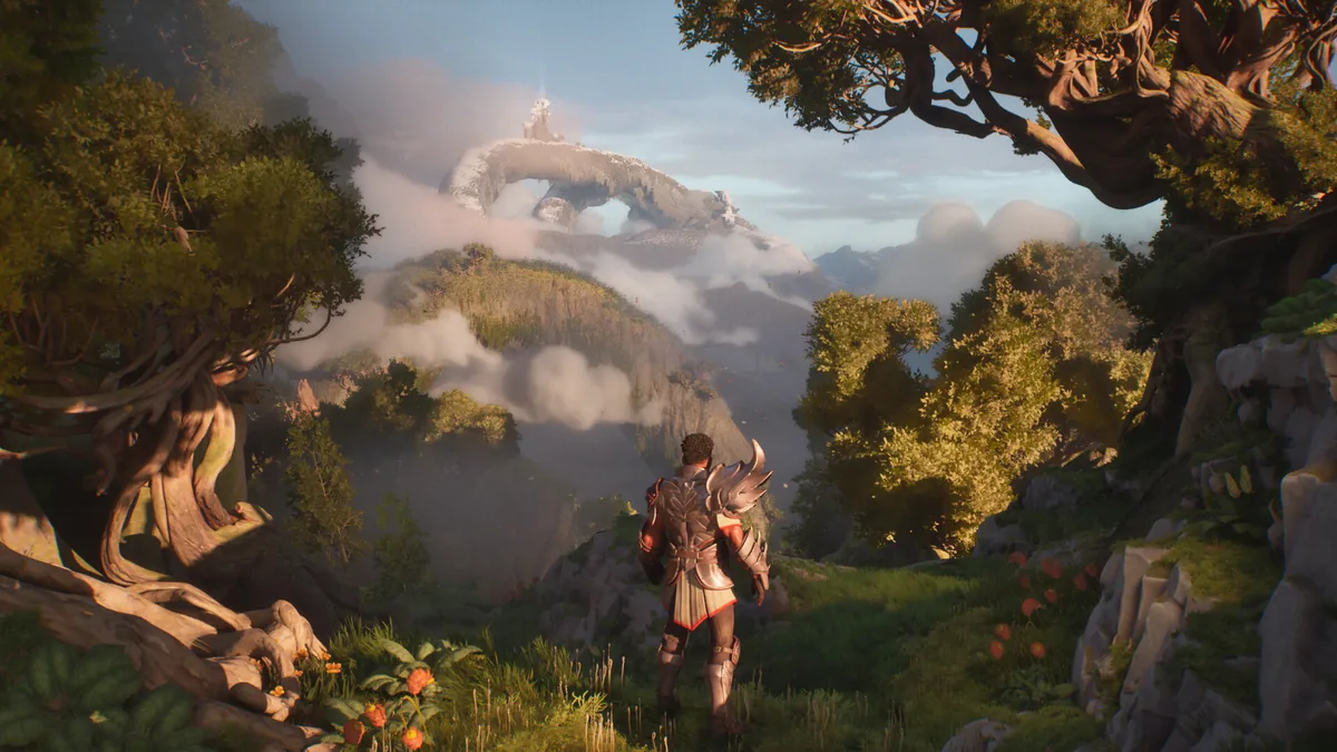 Official Guild Wars 3 screenshot showing a character overlooking the green floating landscapes of ancient Orr